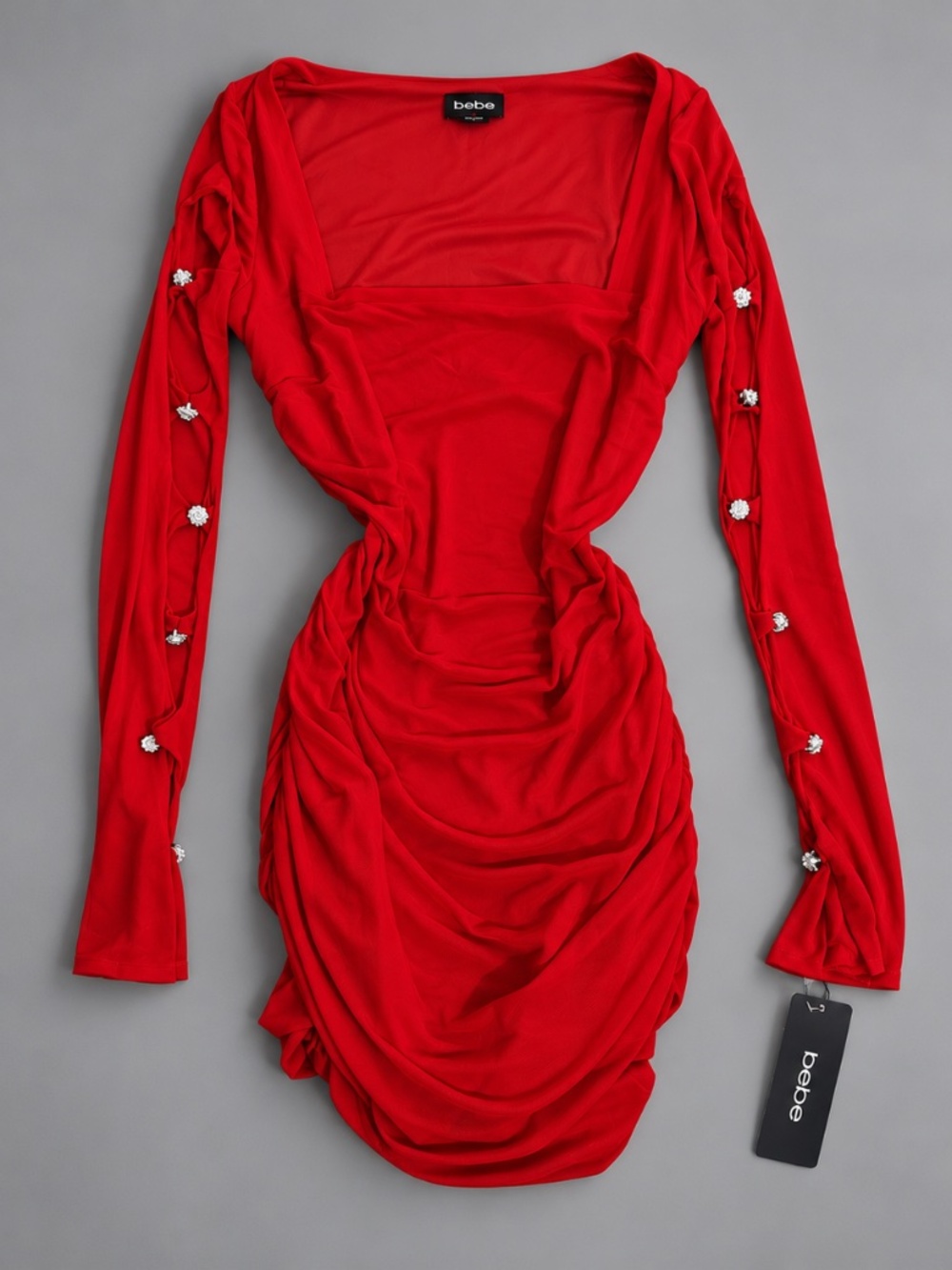 Bebe Red Ruched Rhinestone Long Sleeve Mini Dress – Size S – NWT